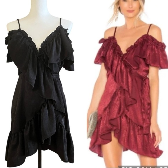 MISA Los Angeles Wrap Mini Dress Black Size Small NWT Cold Shoulder Ruffle Sexy - Picture 1 of 12